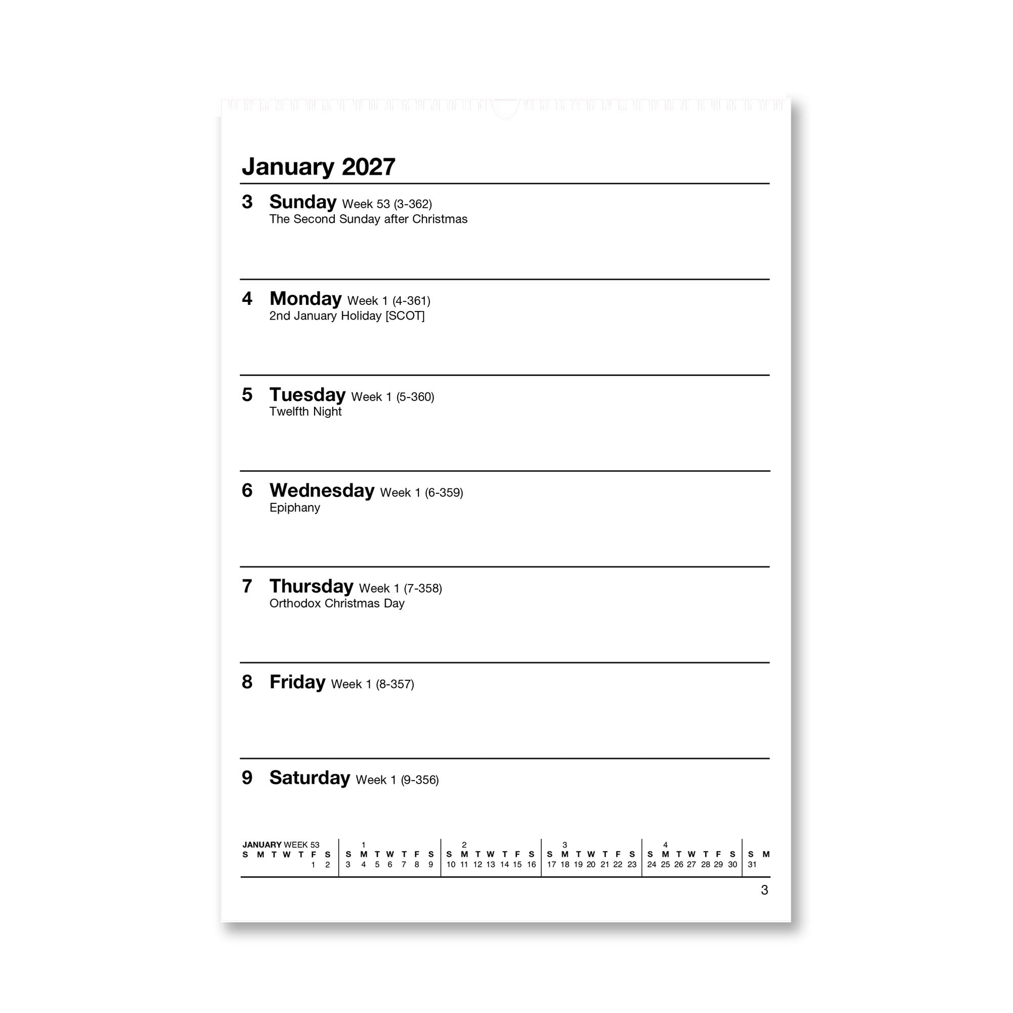 026A | Wirobound Week-To-View Wall Calendar 2027 - Pre Order