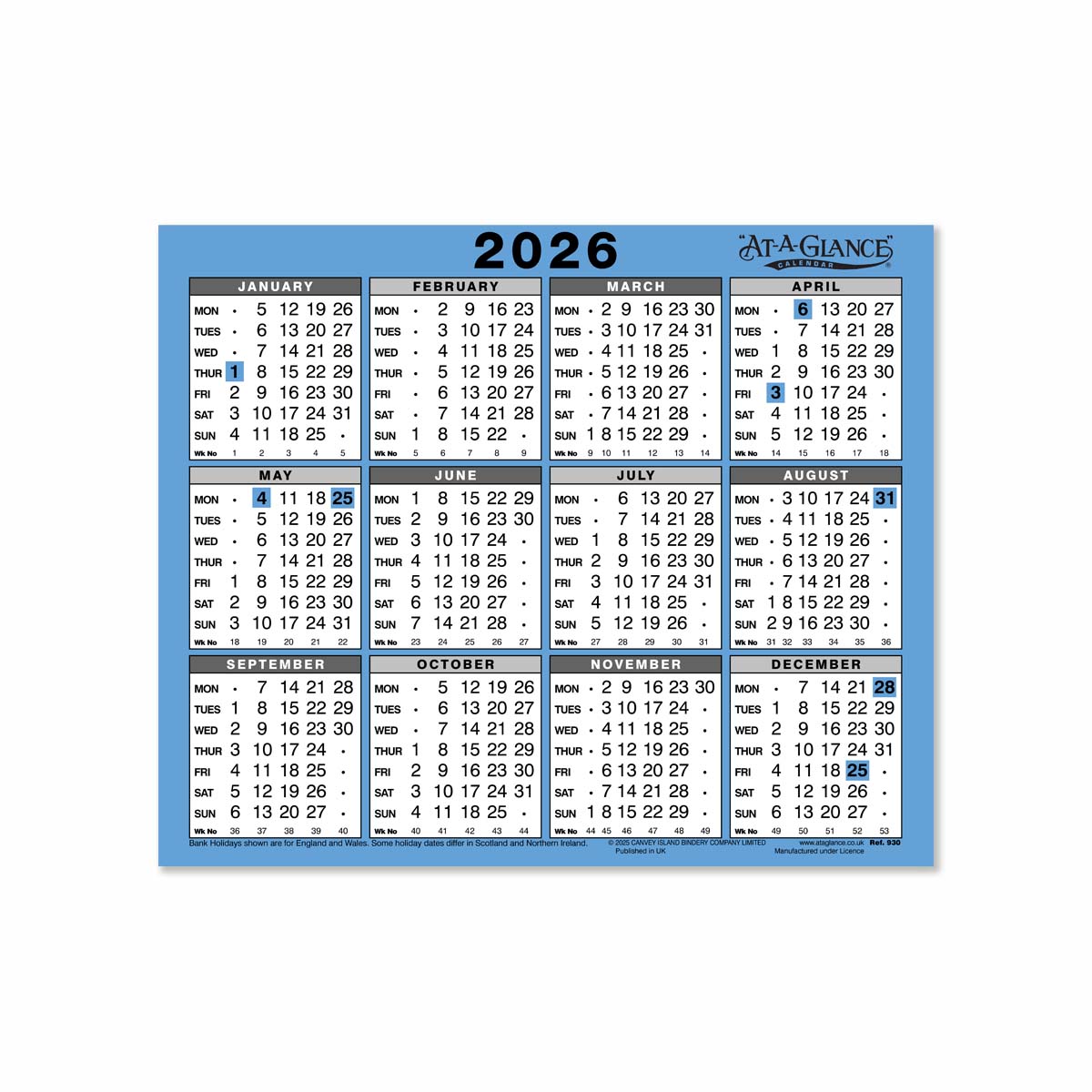 930 | One Year Wall/Desk Reference Calendar 2026