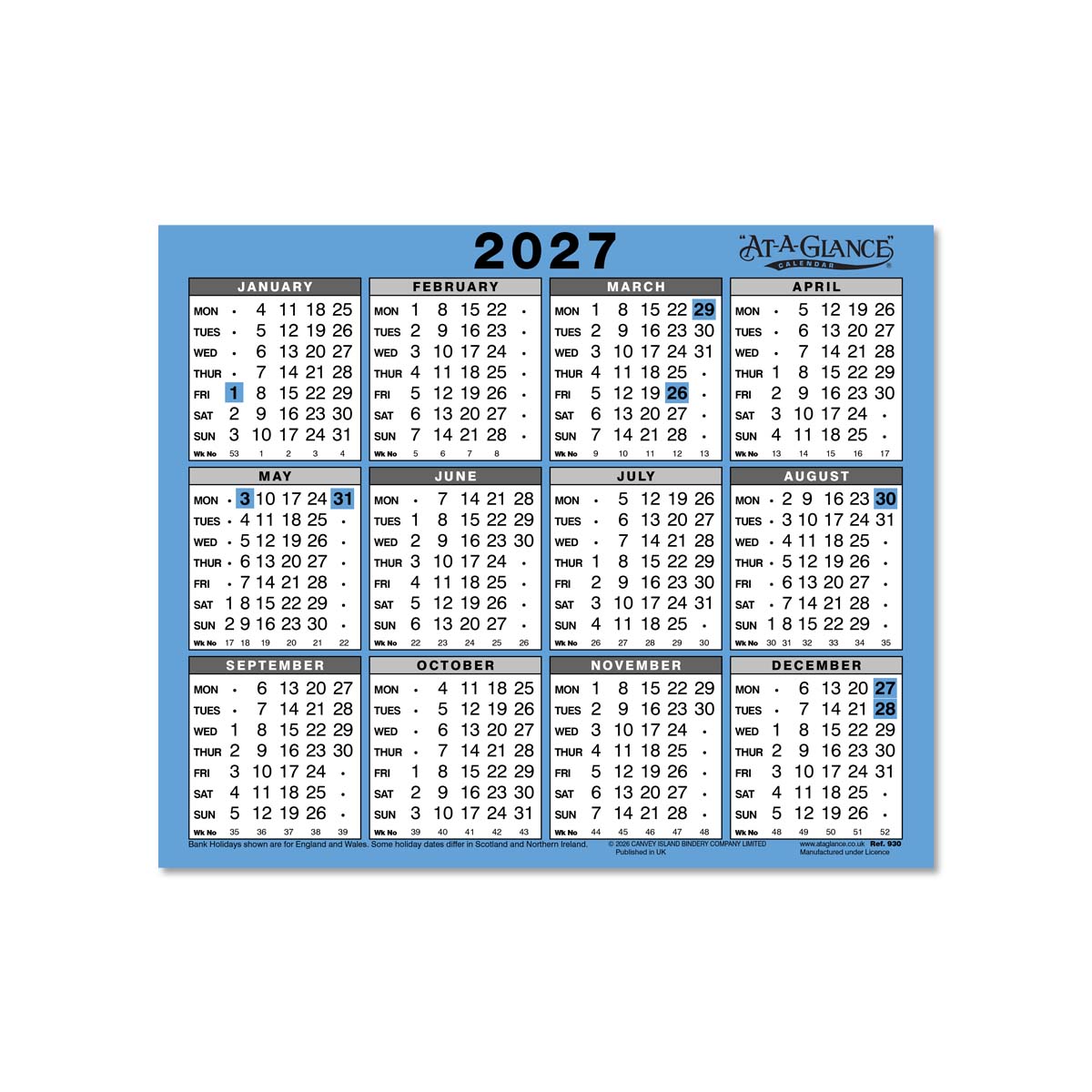 930 | One Year Wall / Desk Reference Calendar 2027 - Pre Order