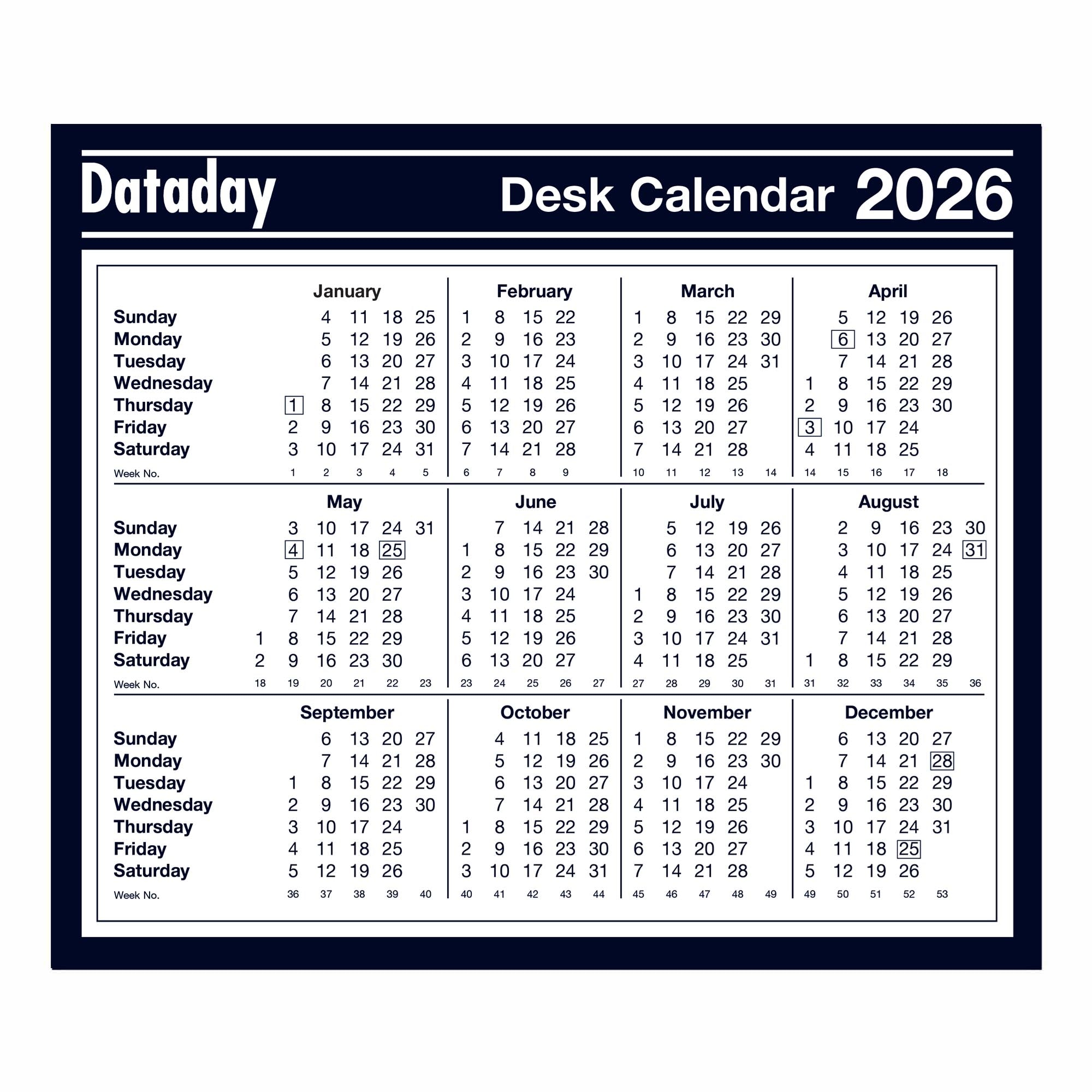 F477 | Year-To-View Desk Calendar 2026