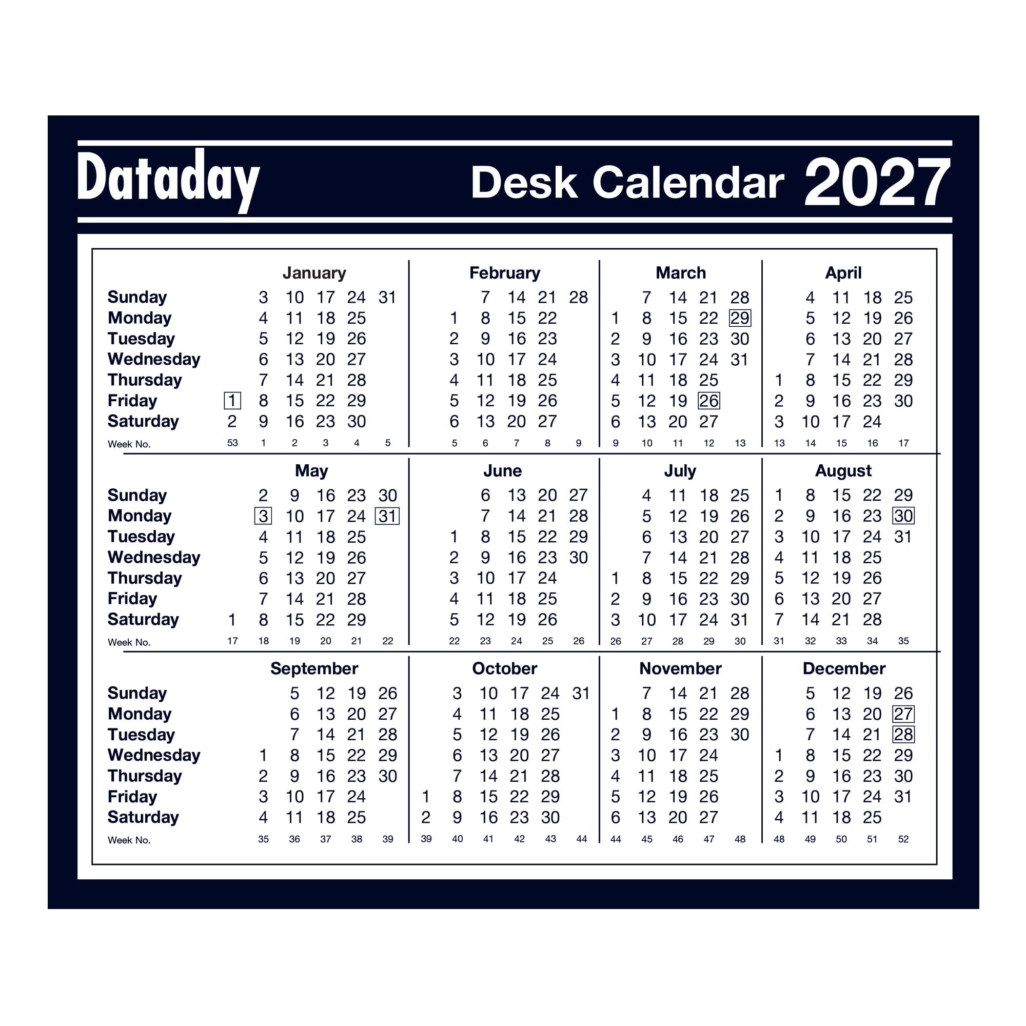 F477 | Year-To-View Desk Calendar 2027 - Pre Order