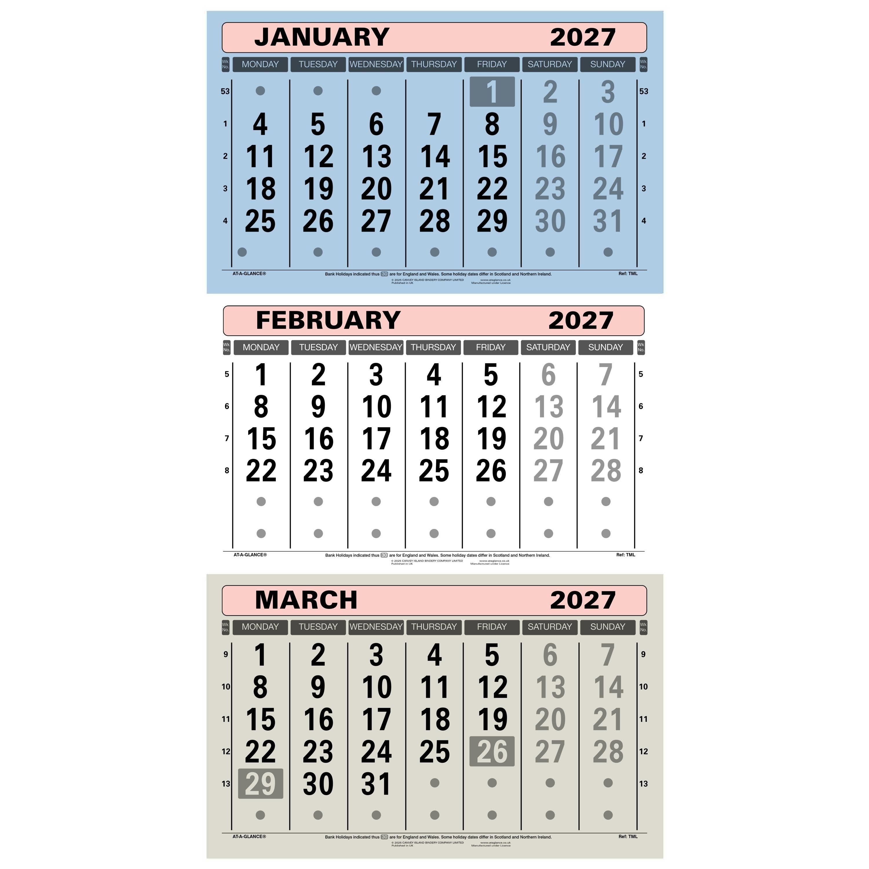 TML | Three-Month-To-View Wall Calendar 2027 - Pre Order