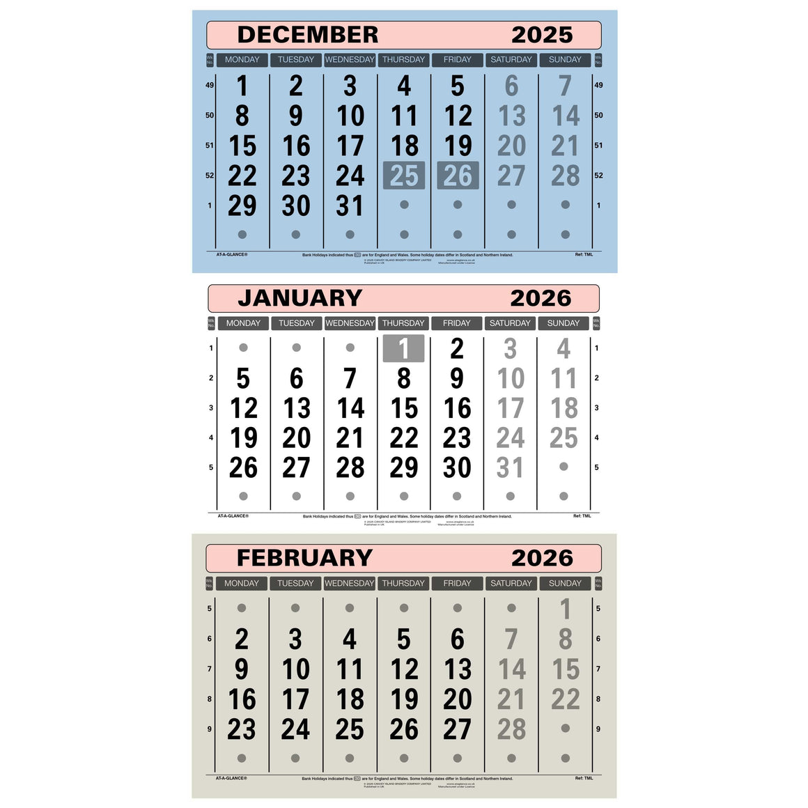 TML | Three Month-to-view Wall Calendar 2026